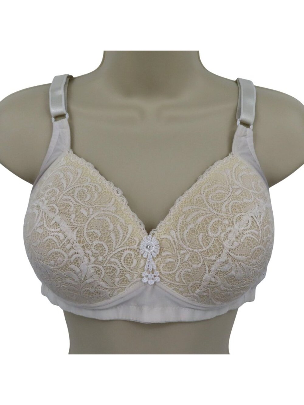 Prima Valentina 40C Bra White Lace Wireless Wire Free Padded Rhinestone Accent
